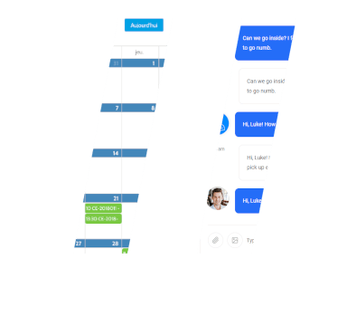 A split-screen image showing two sections. The left side features a calendar view with dates. The right side displays a chat conversation with repetitive messages.
