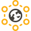 An icon representing web application development, featuring a central globe surrounded by interconnected nodes, symbolizing a network or system architecture.
