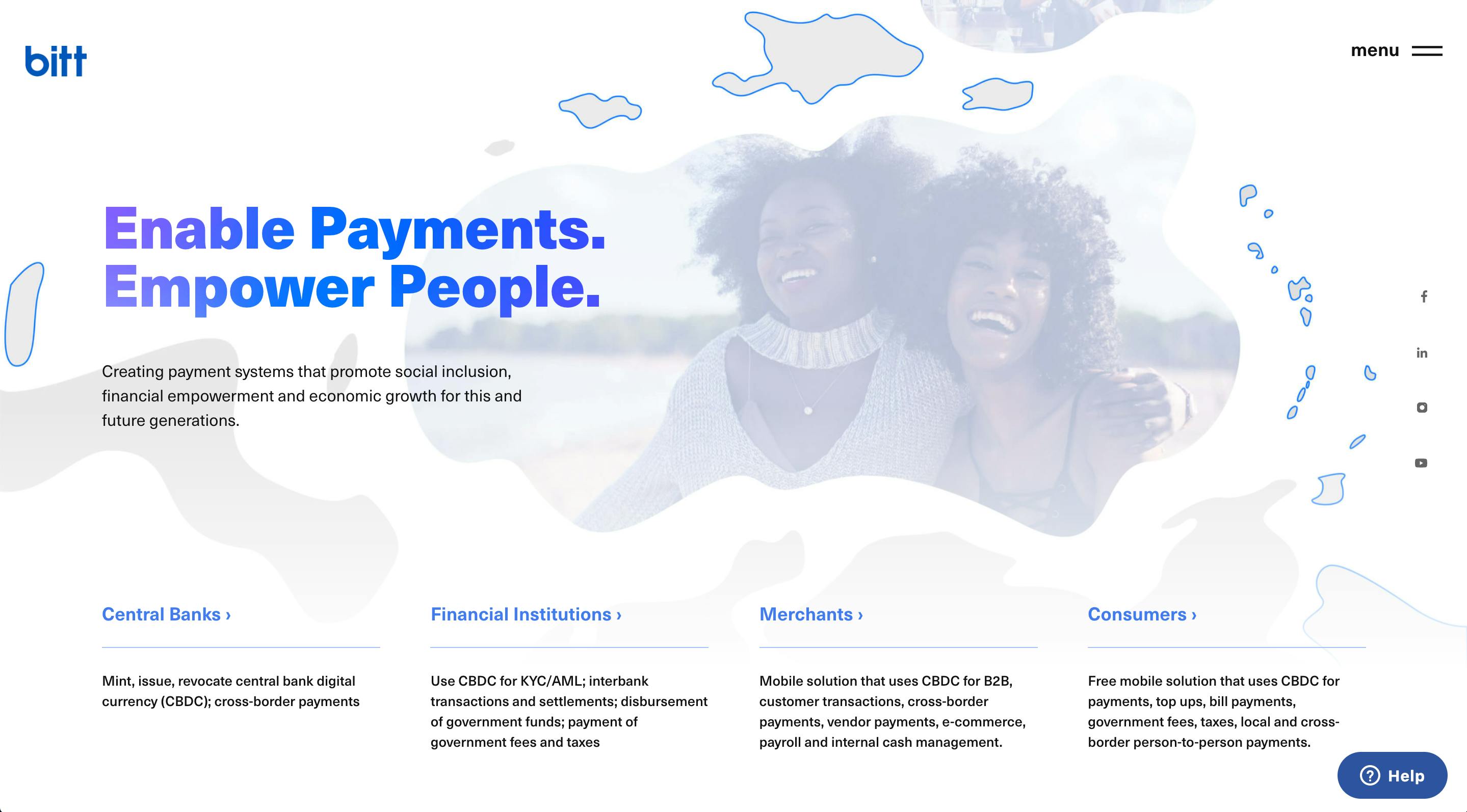 A screenshot of the Bitt website homepage featuring a tagline, "Enable Payments. Empower People." The design includes a blurred background image of two smiling women, blue and purple typography, and abstract map-like illustrations.