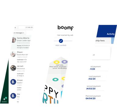 An image divided into three vertical sections, each displaying a different screen interface. The first section shows a messaging app with a list of contacts. The second section features a screen from an app Boomf with the prompt 'Get started by adding content' and an 'Add content' button. The third section is labeled 'Activity' and lists membership fees along with planned payment dates.