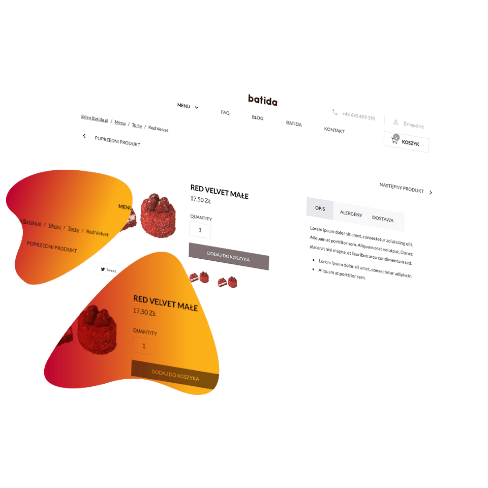 Webpage from Batida showcasing a product page for a small Red Velvet cake. An image of the Red Velvet cake is prominently shown, complemented by stylized text and shapes emphasizing the product and price.